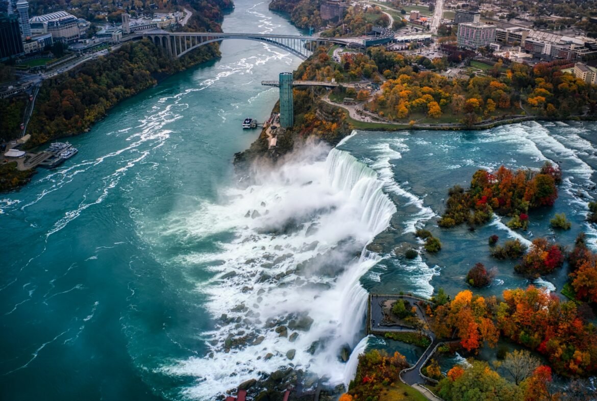 Niagara Falls in autumn with orange trees