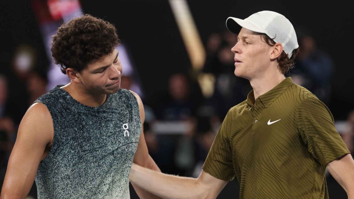 Jannik Sinner defeats Ben Shelton in straight sets in Melbourne on Wednesday. 