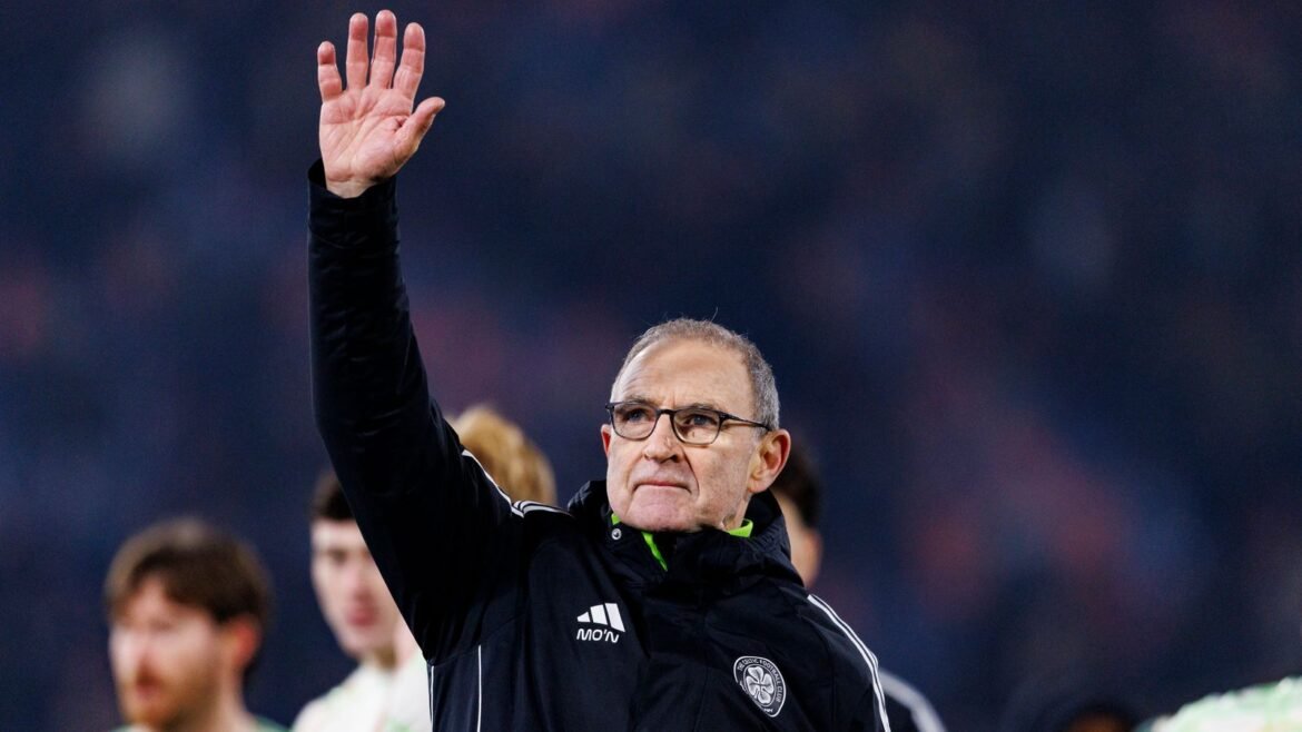 Martin O'Neill gestures to the Celtic supporters after their gutsy draw with Bologna in the Europa League after Reo Hatate was sent off