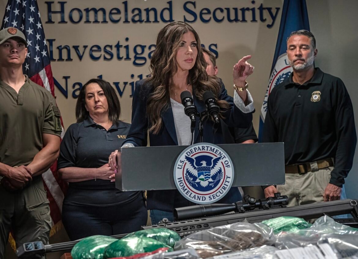 Department of Homeland Security Secretary Kristi Noem at a Nashville press conference on July 18, 2025, to discuss arrests of immigrants during recent Immigration and Customs Enforcement sweeps. (Photo by John Partipilo/Tennessee Lookout)