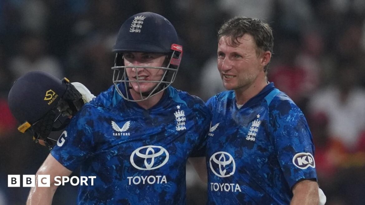 England captain Harry Brook and Joe Root embrace