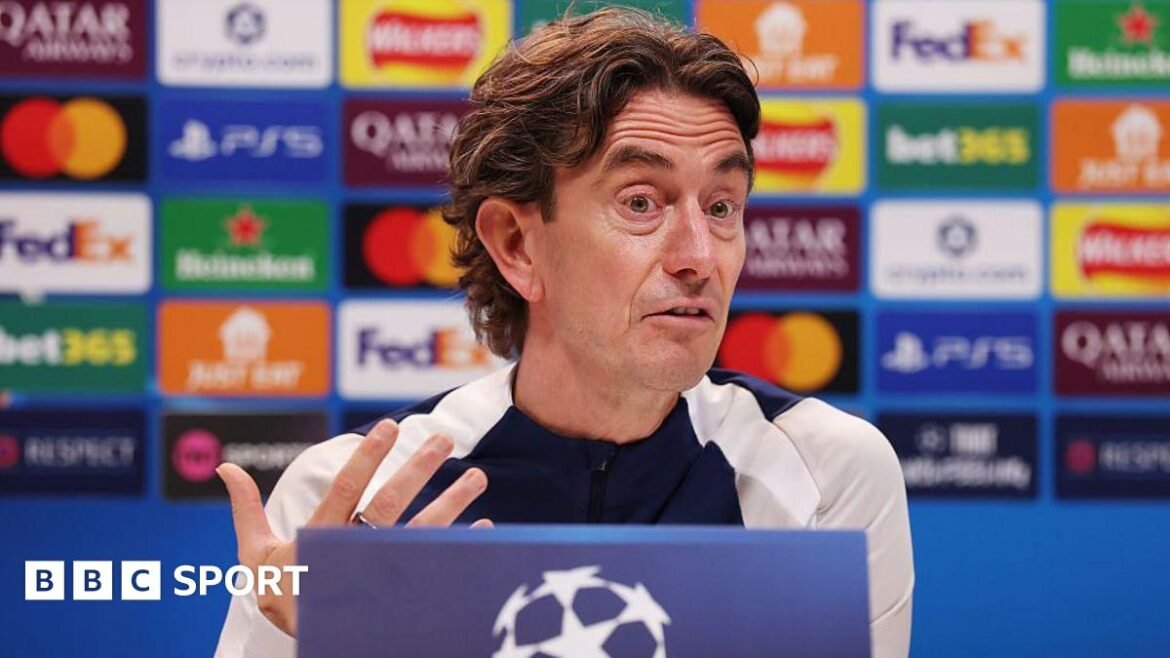 Thomas Frank, head coach of Tottenham Hotspur, speaks to the media during a press conference.