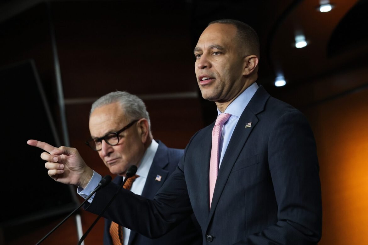 House Minority Leader Hakeem Jeffries, D-N.Y., speaks as U.S. Senate Minority Leader Chuck Schumer, D-N.Y., looks on during a news conference at the U.S. Capitol on Jan. 8, 2026 in Washington, D.C. Schumer and Jeffries spoke to reporters on topics including upcoming floor legislation extending health insurance subsidies. (Photo by Kevin Dietsch/Getty Images)