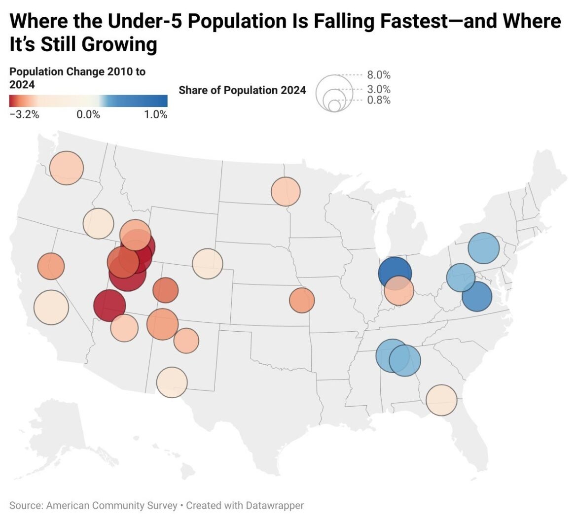 Map showing metros where population of children under-5 has fallen the most since 2010.