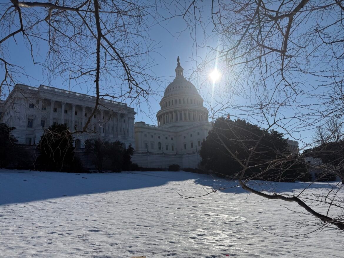 The U.S. Capitol in Washington, D.C., surrounded by snow and ice, on Wednesday, Jan. 28, 2026. (Photo by Jennifer Shutt/States Newsroom)