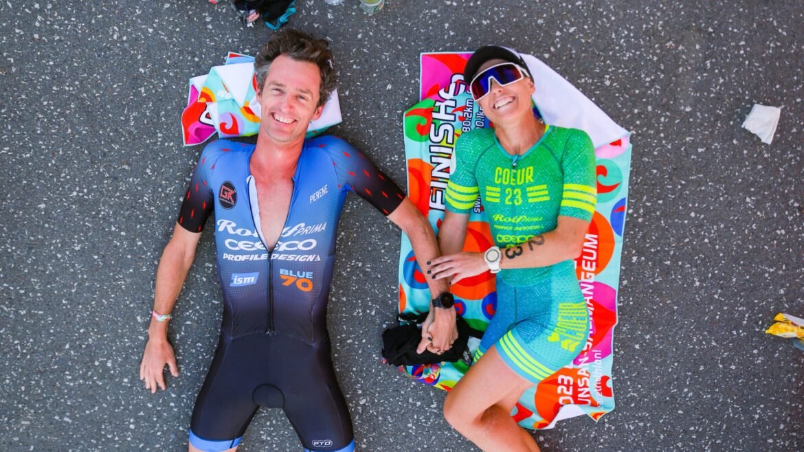 Two triathletes rest post-race using a neuroscientist's recommendations.