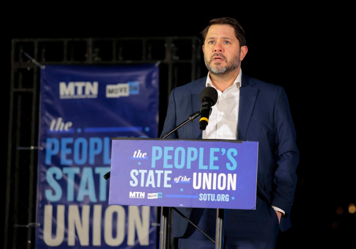 Sen. Ruben Gallego, an Arizona Democrat, speaks during the "People's State of the Union" rally at the National Mall on Feb. 24, 2026. The event was at the same time as President Trump's State of the Union address. (Photo by Heather Diehl/Getty Images)