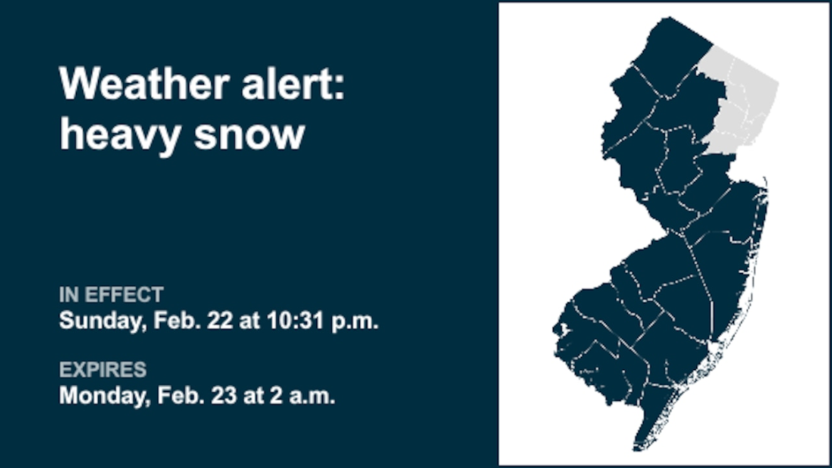 Expect strong winds and heavy snow in 16 N.J. counties until 2 a.m. Monday