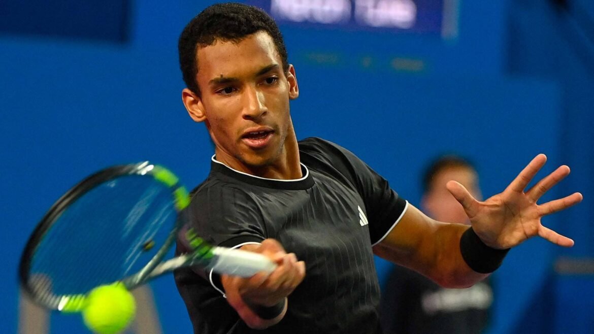 Felix Auger-Aliassime in action against Adrian Mannarino on Sunday in Montpellier.