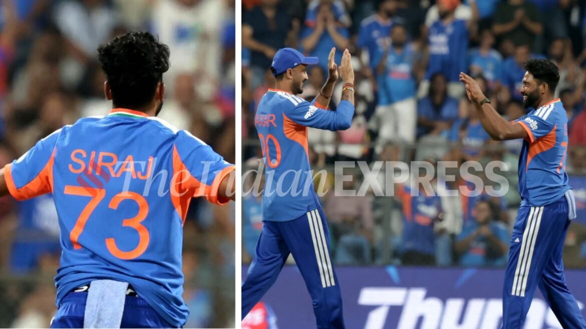 Indian pacer Mohammed Siraj in action during T20 World Cup 2026 Group A match vs USA in Mumbai. (Express photo by Narendra Vaskar)