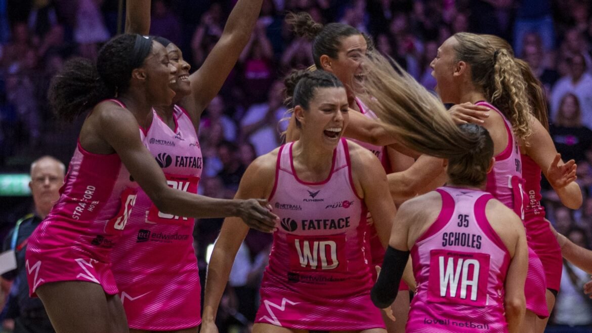 London Pulse players celebrate victory over Loughborough Lightning in the 2025 Netball Super League Grand Final 
