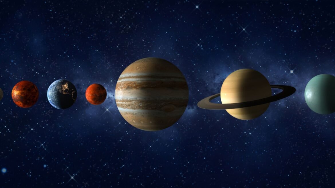An illustration of the planets in our solar system lined up against a blue starry background, with Venus then Earth, Mars, Jupiter, Saturn and Uranus