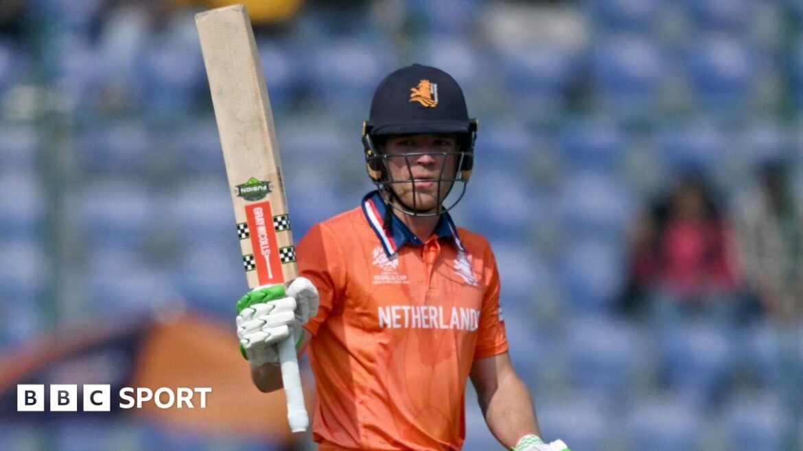 Netherlands' Bas de Leede celebrates after scoring a half-century (50 runs) during the 2026 ICC Men's T20 Cricket World Cup group stage match between Netherlands and Namibia