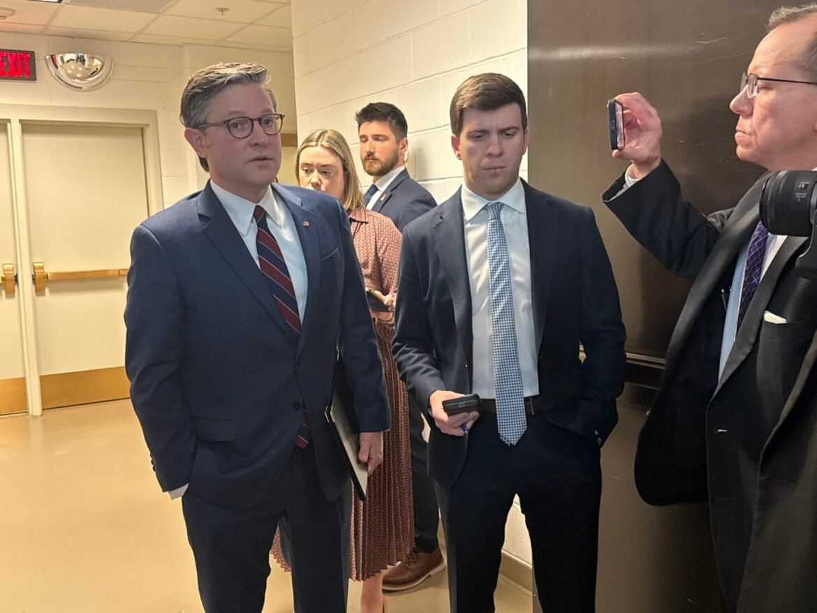 Speaker Mike Johnson, R-La., answers reporters’ questions after holding a press conference on Tuesday, Jan. 13, 2026. (Photo by Jennifer Shutt/States Newsroom)