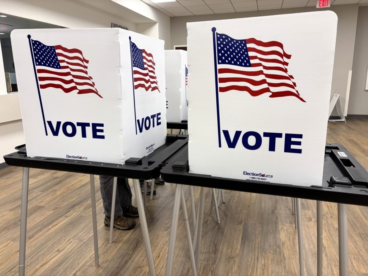 Booths await voters at the Pennington County Administration Building during early voting on Jan. 19, 2026, for a municipal election in Rapid City, South Dakota. (Photo by Seth Tupper/South Dakota Searchlight)