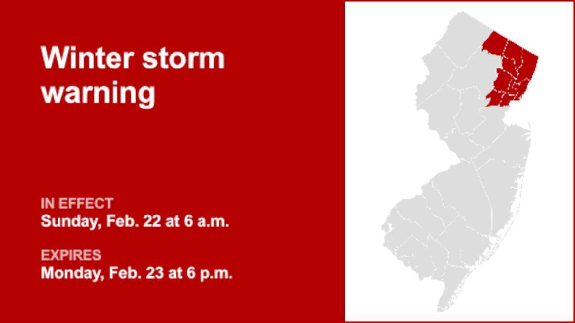 Winter storm warning affecting 5 N.J. counties Sunday and Monday – may reach 15 inches of snow