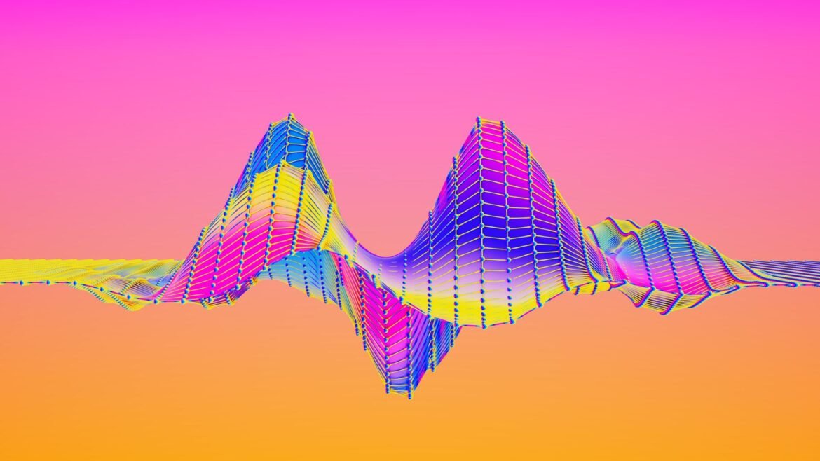 An illustration of a rainbow-colored sine wave with multiple peaks and troughs in front of a pink and orange background