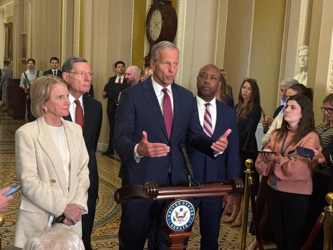 Senate Majority Leader John Thune, R-S.D., talks to reporters at the U.S. Capitol on March 3, 2026. (Photo by Jennifer Shutt/States Newsroom)