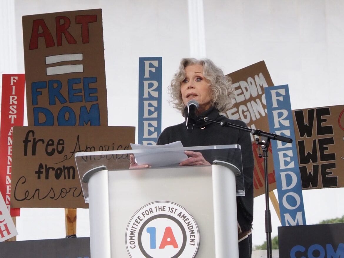Two-time Academy Award winning actor Jane Fonda leads the Artists United for Our Freedoms event outside the John F. Kennedy Center in Washington, D.C., on Friday, March 27, 2026. (Photo by Ashley Murray/States Newsroom)