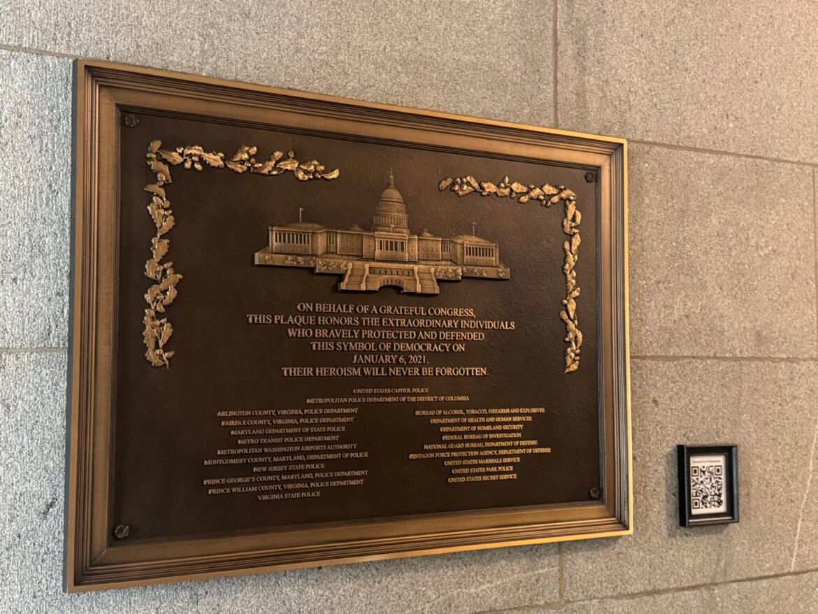 A plaque commemorating those who protected the U.S. Capitol during the Jan. 6, 2021, insurrection is displayed on March 17, 2026. (Photo by Shauneen Miranda/States Newsroom)