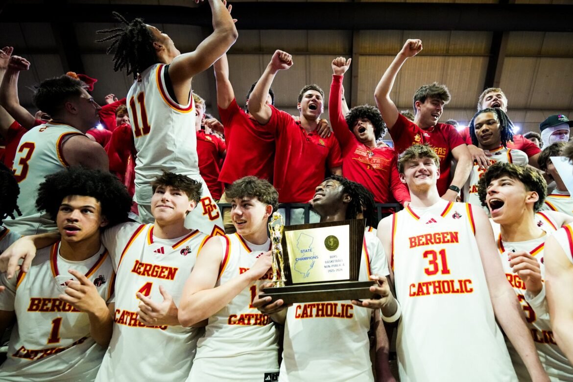 Bergen Catholic celebrates with their student section after winning the NJSIAA Non-Public A final boys basketball game between Bergen Catholic and St. Peter's Prep at Jersey Mike's Arena at Rutgers University in Piscataway, NJ on Thursday, March 12, 2026.