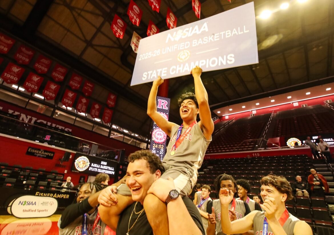 Bloomfield celebrates after winning the NJSIAA Unified basketball final between Old Bridge and Bloomfield at Jersey Mike’s Arena at Rutgers University in Piscataway, NJ on 3/15/26.