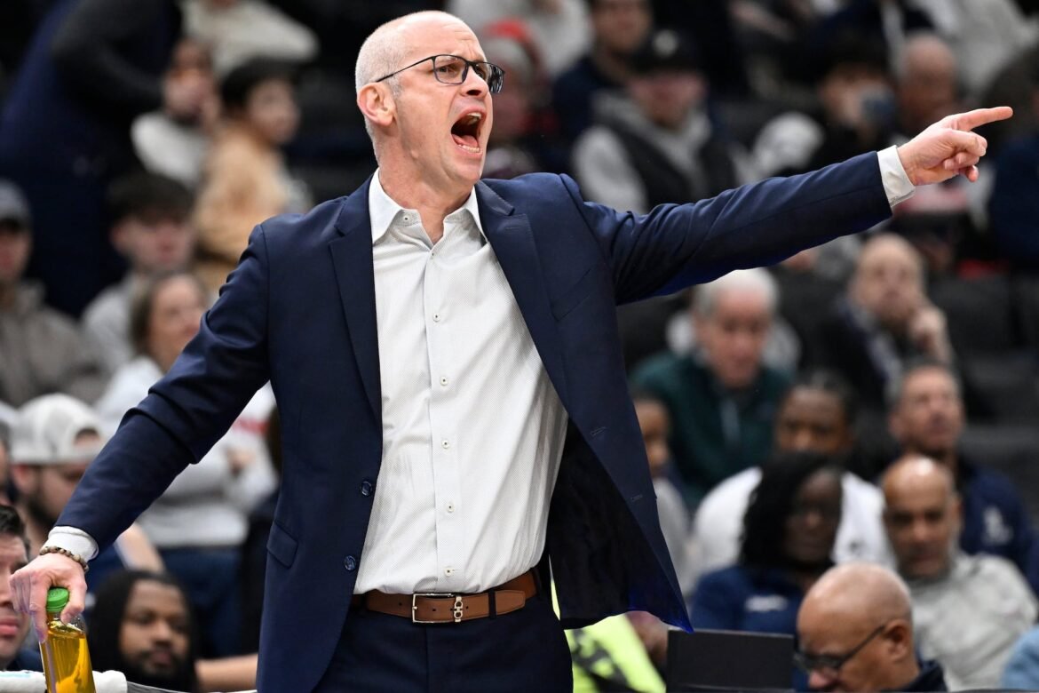 UConn Huskies head coach Dan Hurley shouts instructions to his players during the first half of an NCAA men's basketball game against the Georgetown Hoyas, Saturday, Jan. 17, 2026, in Washington.