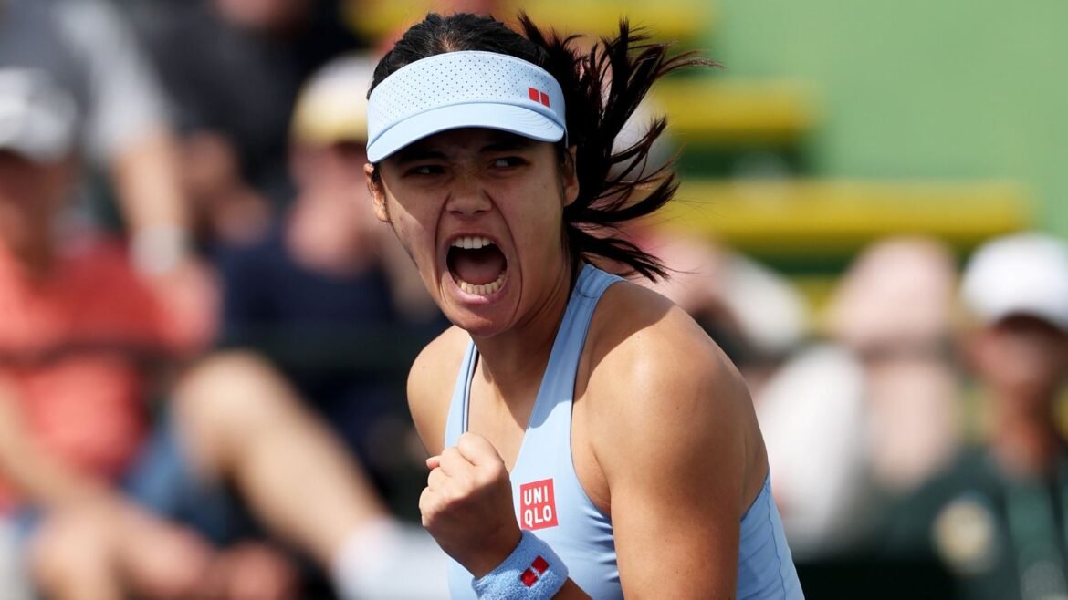 Emma Raducanu of Great Britain celebrates a point against Anastasia Zakharova in their second round match of the BNP Paribas Open at Indian 