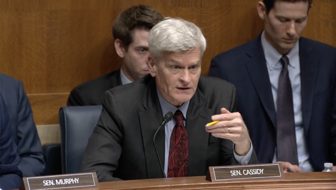 Louisiana GOP U.S. Sen. Bill Cassidy, chair of the Senate Committee on Health, Education, Labor and Pensions, speaks during a panel hearing March 26, 2026, in Washington, D.C. (Screenshot from committee webcast)