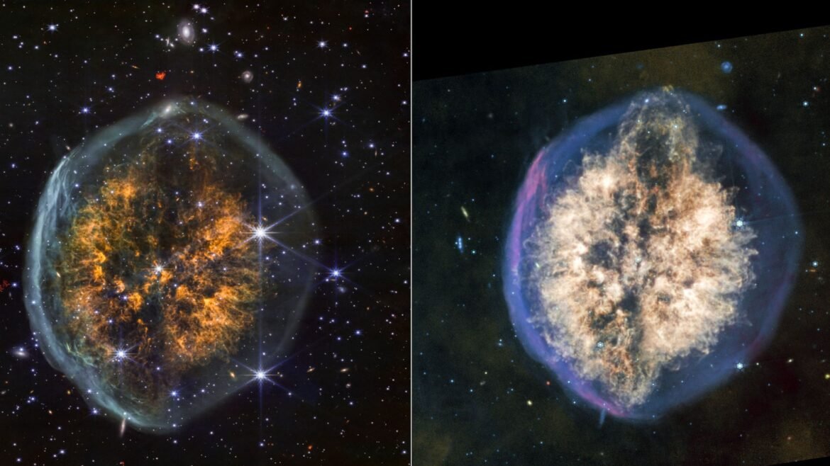 Two side by side images of a circular nebula, showing a cloud of golden gas surrounded by a blue bubble. The image on the left shows more background stars and a transparent bubble. The image on the right shows more of a yellow and green background with a bluer bubble