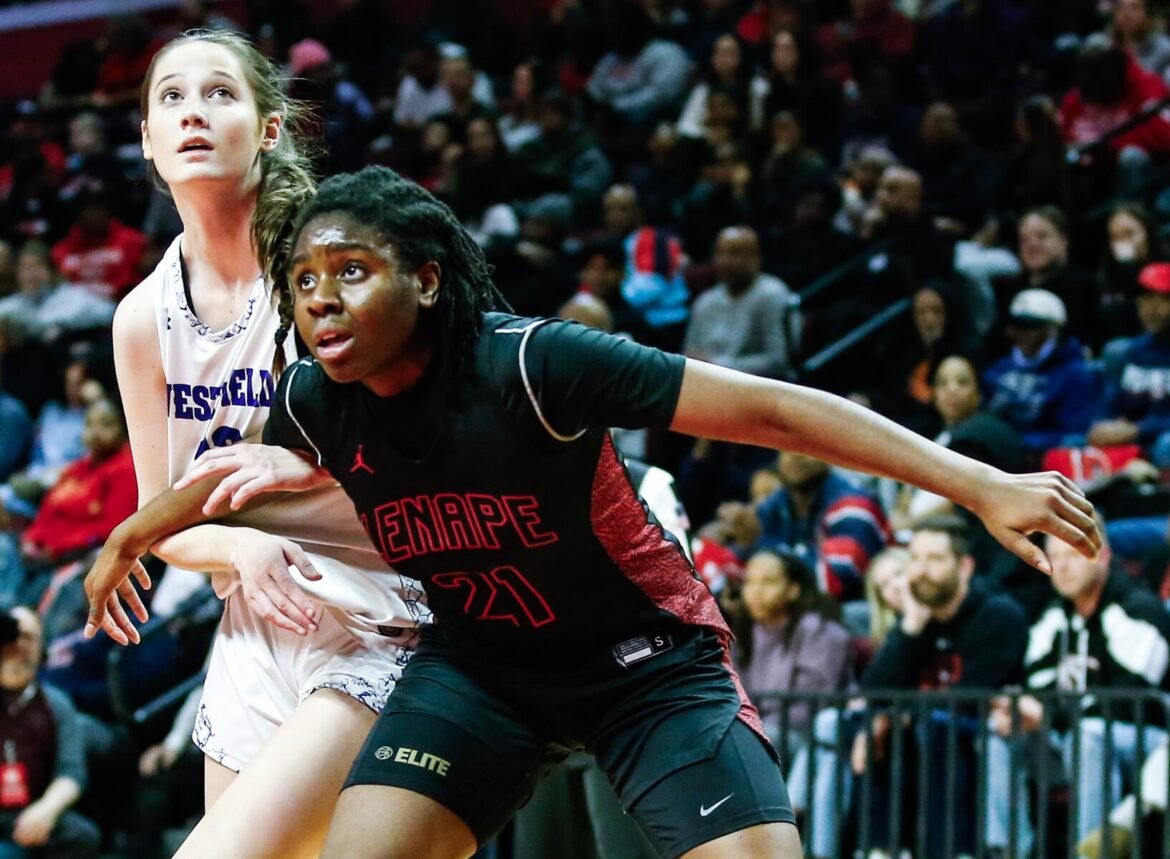 El-Anita Joe-Samuel (21) of Lenape and Sophie Lane (23) of Westfield battle for position during the NJSIAA Group 4 girls basketball final between Lenape and Westfield at Jersey Mike’s Arena at Rutgers University in Piscataway, NJ on 3/14/26.