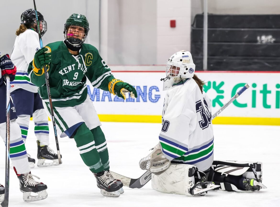 Molly Brozowski (9) of Kent Place celebrates after scoring a goal against Chatham-Millburn-Livingston during the girls hockey game at RWJ Barnabas Health Hockey House in Newark, NJ on Wednesday, January 21, 2026.