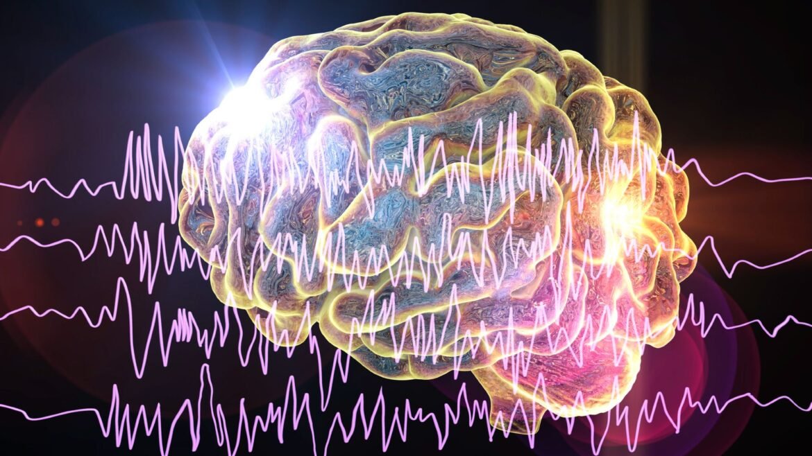 A cartoon image of a brain with waves across the front of it. 