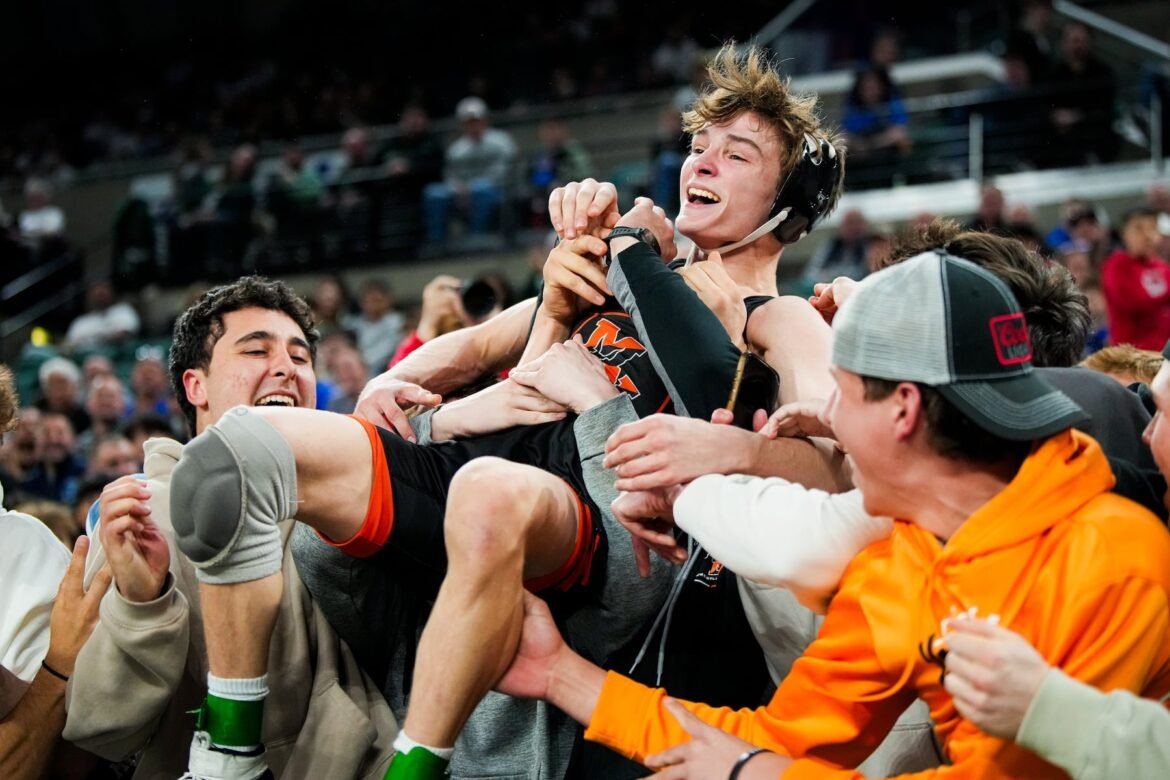 Thomas Blewett of Middletown North celebrates in the crowd after winning the final round match at 106 pounds at the NJSIAA Wrestling State Championship at Boardwalk Hall in Atlantic City, New Jersey on Saturday, March 14, 2026.