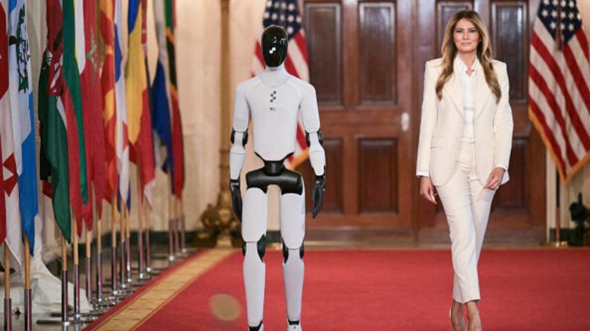 First Lady Melania Trump walking on the red carpet with Figure 03 humanoid robot