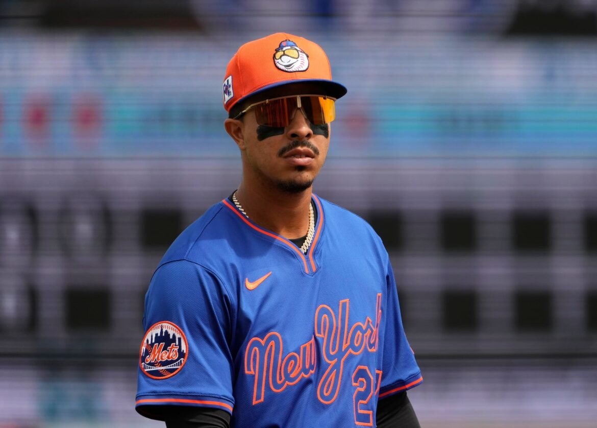 New York Mets third baseman Mark Vientos pauses between pitches during the second inning of a spring training baseball game against the Miami Marlins Wednesday, Feb. 26, 2025, in Jupiter, Fla. (AP Photo/Jeff Roberson)