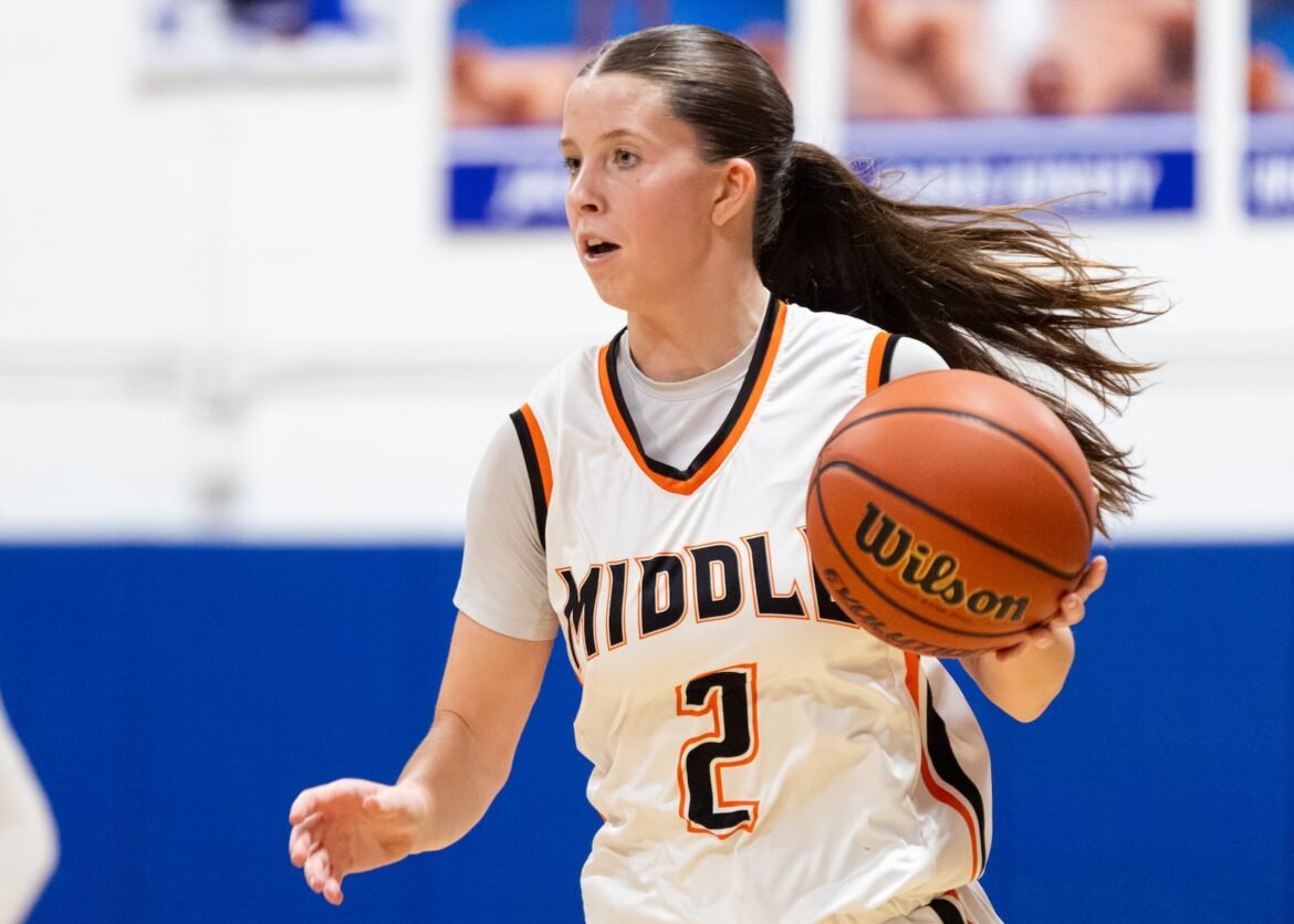 Ainsley Frederick (2) of Middle Township dribbles down the court during the girls basketball game between Wildwood Catholic and Middle Township at Wildwood Catholic Academy in North Wildwood, NJ on 1/30/26.