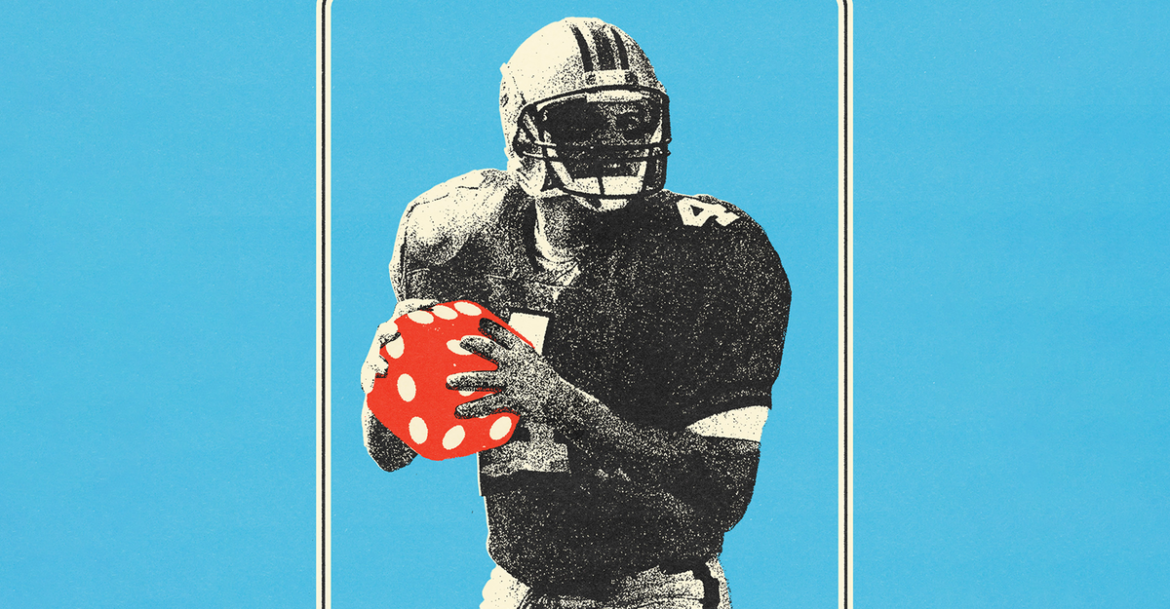 illustration with black-and-white photo of football player holding red-and-white game die instead of football on blue background