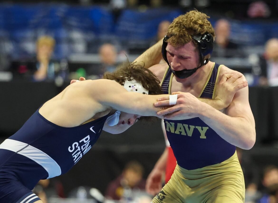 Danny Wask of Navy (right) dropped a 7-2 decision to Levi Haines of Penn State in a 174-pound quarterfinal bout at the NCAA wrestling national championships, Friday, March 21, 2025, in Philadelphia. Was went to Blair Academy and is from Wantage, N.J. Wask upset Cornell's Simon Ruiz in the second round of the 2026 NCAA Wrestling Championships onb Thursday.