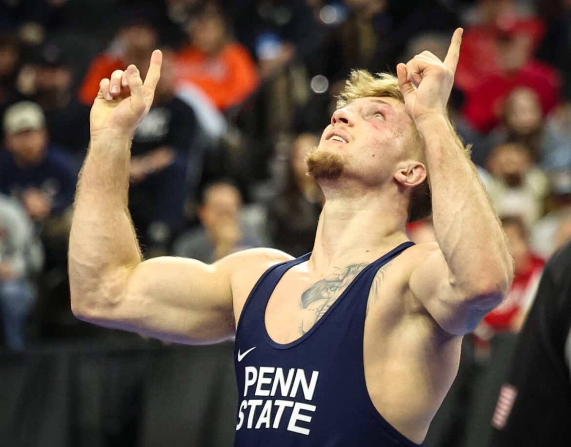 Josh Barr of Penn State reacts after he beat Jacob Cardenas of Michigan in a 197-pound semifinal bout at the NCAA wrestling championships, Friday, March 21, 2025, in Philadelphia. 