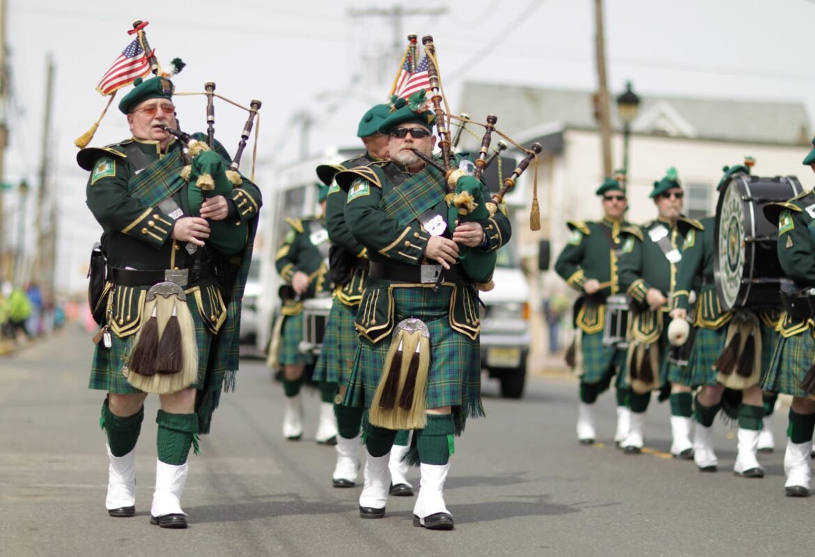 Members of the Essex County Emerald Society Police & Fire Pipe Band performing in the 2013 St. Patrick's Day parade in Keansburg, New Jersey.