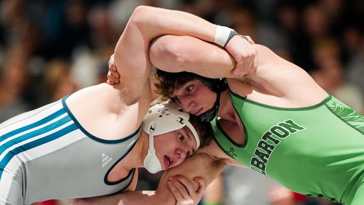 Ryan Meier of Blair wrestles CJ Betz of Delbarton in the 190 pound bout during the boys wrestling match between No. 5 Blair and No. 3 Delbarton at Blair Academy in Blairstown, NJ on Thursday, January 29, 2026.