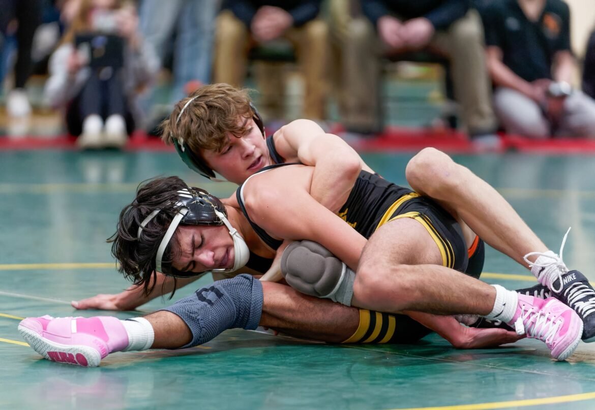 Middletown North's Thomas Blewett controls St. John Vianney's Riley Correal during the 106-pound semifinals of the Mustang Classic on Dec. 28, 2025 at Brick Memorial High School in Brick.