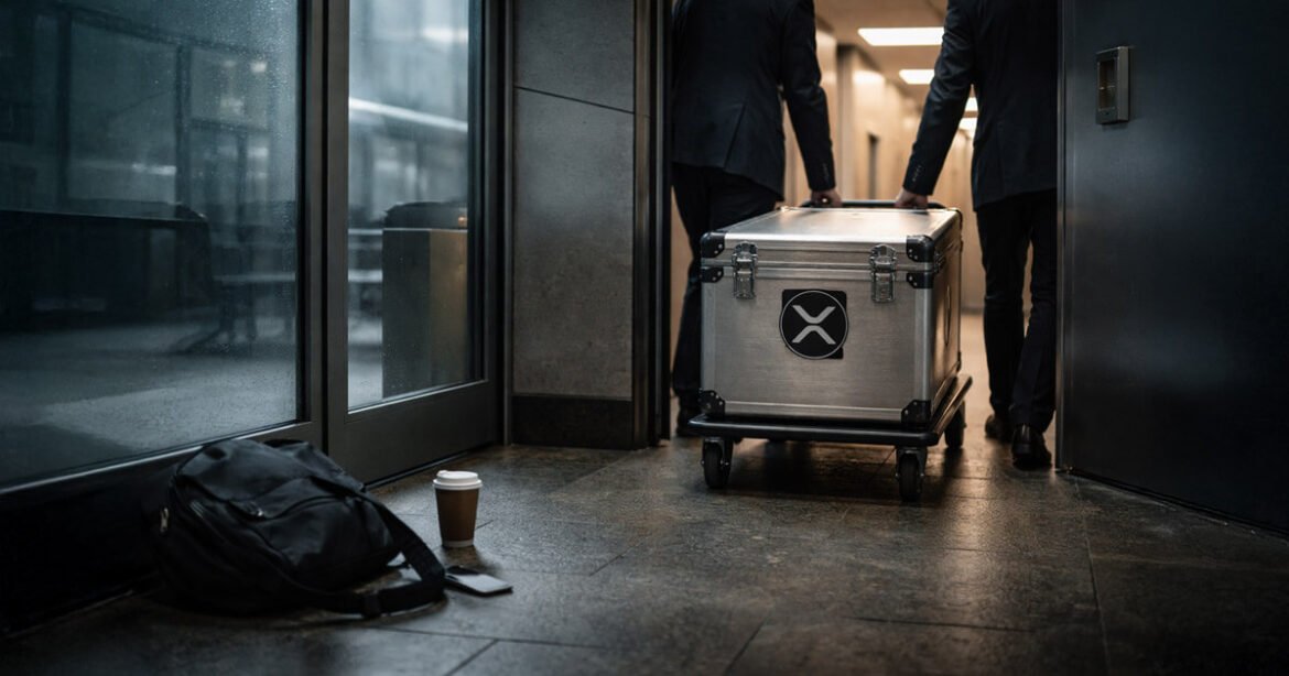 Two executives moving a secured XRP-branded case down a hallway, symbolizing a 78% collapse in XRP leverage while $1.4 billion in ETF inflows remains tied to Ripple’s expanding footprint