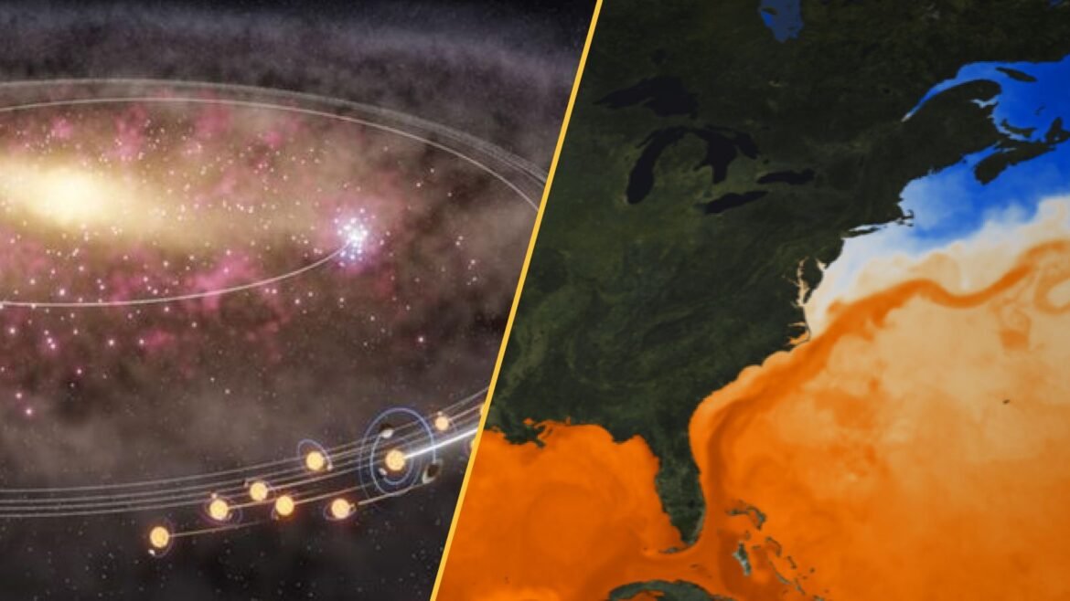 There are two images: on the left is an illustration of suns orbiting a large, gassy mass and on the right we see a heat map of the ocean around North America.