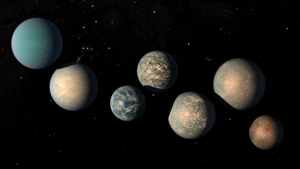 An illustration of a series of brown and blue planets in a dark starry space background