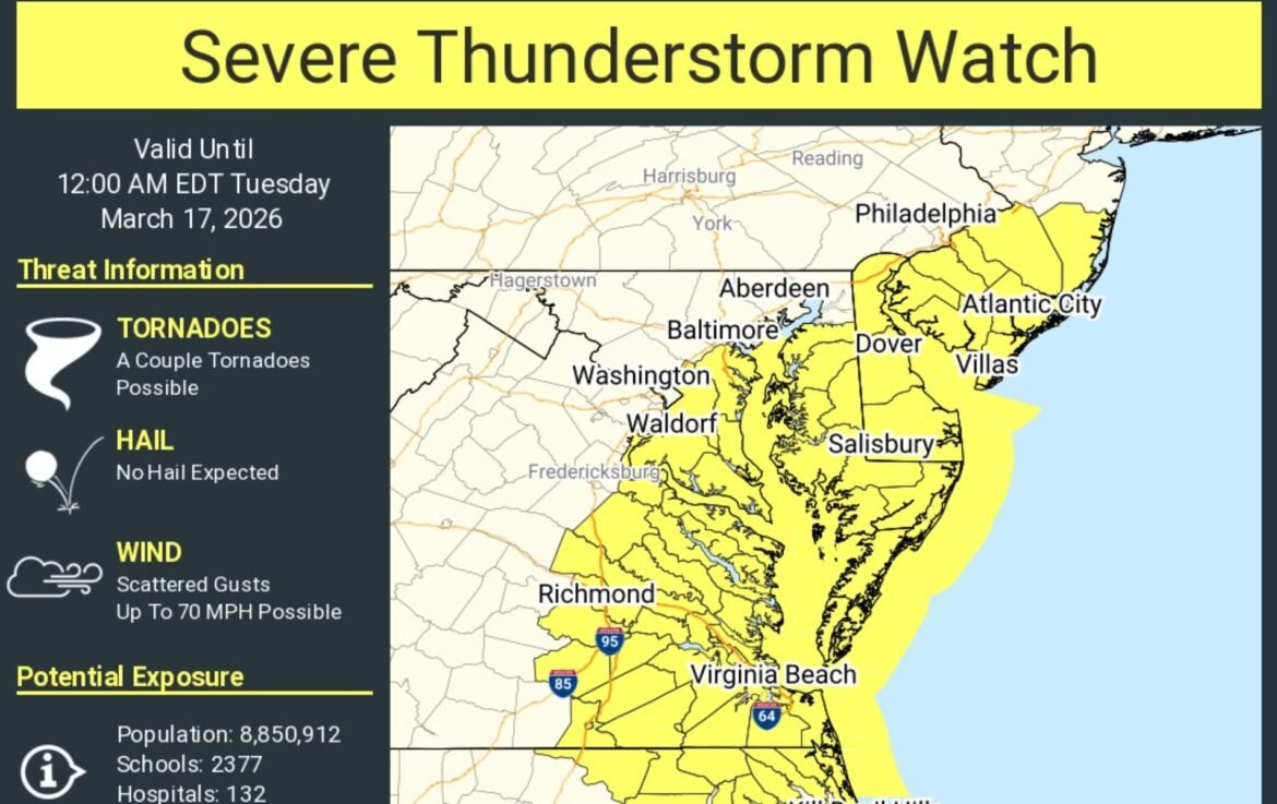 The National Weather Service has issued a severe thunderstorm watch for eight New Jersey counties on Monday until midnight.