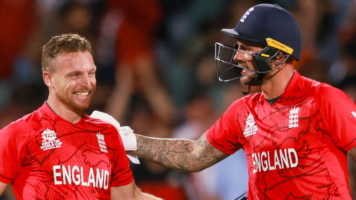 England's Jos Buttler (left) and Alex Hales (right) celebrate victory over India in the 2022 T20 World Cup semi-finals (Associated Press)