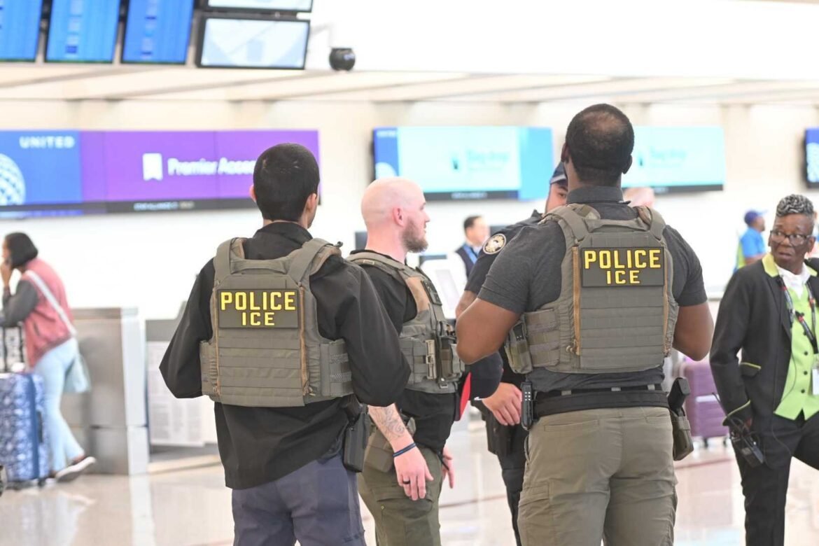 Federal immigration officers were at the Hartsfield-Jackson Atlanta International Airport on Monday, March 23, 2026, to help with airport security as the partial shutdown continues. The airport was telling travelers to prepare for at least four-hour wait times to get through security Monday. (Photo by Ross Williams/Georgia Recorder)