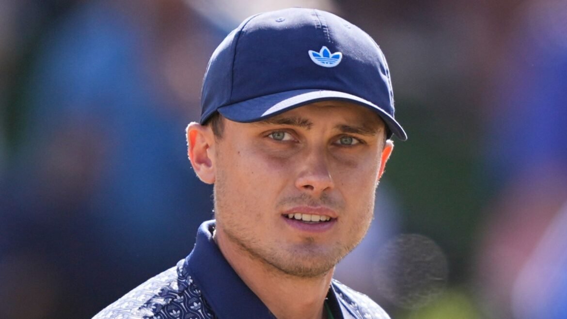 Ludvig Aberg of Sweden reacts after a birdie on the ninth green during the third round of The Players 